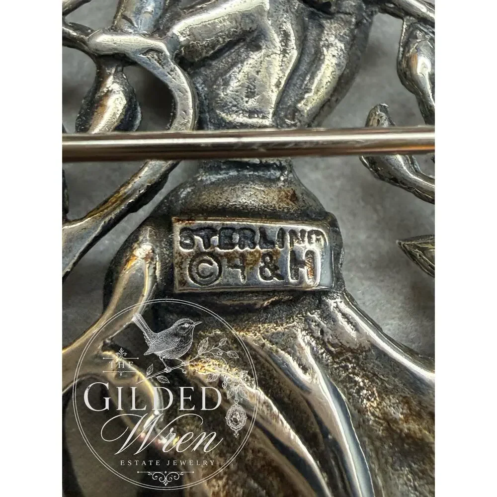 Vintage H&H Sterling Silver Lady Golfer Heart Brooch Pin Art Nouveau Golf Gift